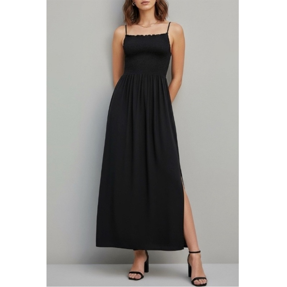 Hill House The Jersey Isabel Nap Dress Black Square Neck Smocked Maxi